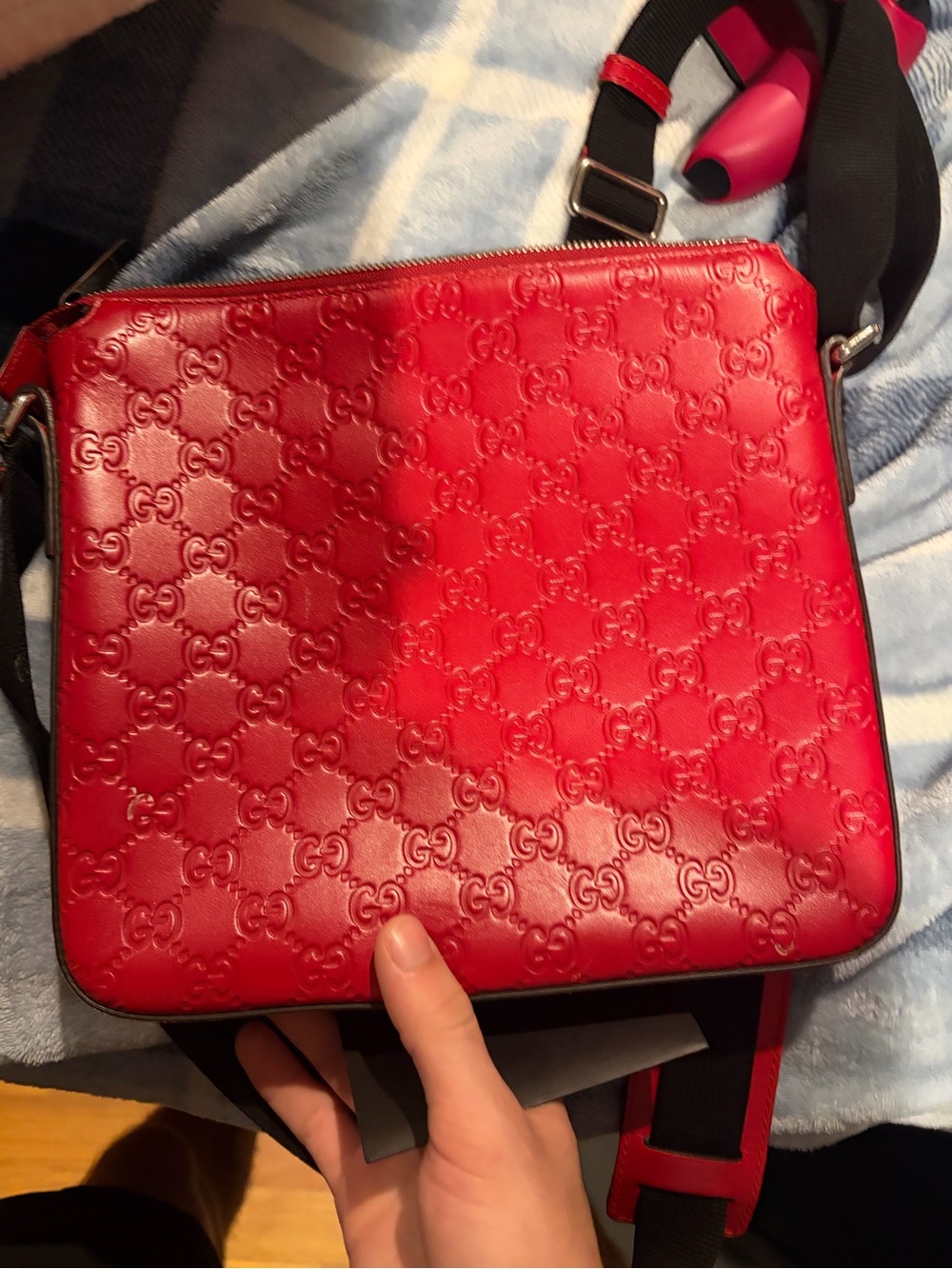 Gucci Red Embossed Interlocking GG Crossbody with Black Strap